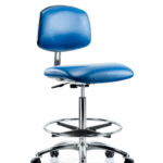 Class 10 Clean Room/ESD Vinyl Chair - High Bench Height with Chrome Foot Ring & ESD Casters in ESD Blue Vinyl