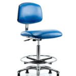 Class 10 Clean Room/ESD Vinyl Chair - High Bench Height with Chrome Foot Ring & ESD Stationary Glides in ESD Blue Vinyl