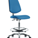 Class 10 Clean Room/ESD Vinyl Chair - High Bench Height with Medium Back, Chrome Foot Ring, & ESD Casters in ESD Blue Vinyl