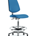 Class 10 Clean Room/ESD Vinyl Chair - High Bench Height with Medium Back, Chrome Foot Ring, & ESD Stationary Glides in ESD Blue Vinyl