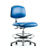 Class 10 Clean Room/ESD Vinyl Chair - Medium Bench Height with Chrome Foot Ring & ESD Stationary Glides in ESD Blue Vinyl