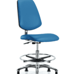 Class 10 Clean Room/ESD Vinyl Chair - Medium Bench Height with Medium Back, Chrome Foot Ring, & ESD Stationary Glides in ESD Blue Vinyl
