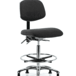 Fabric ESD Chair - High Bench Height with Chrome Foot Ring & ESD Stationary Glides in ESD Black Fabric