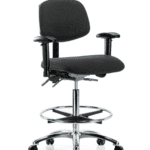 Fabric ESD Chair - High Bench Height with Adjustable Arms, Chrome Foot Ring, & ESD Casters in ESD Black Fabric