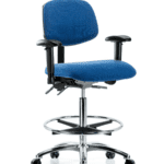 Fabric ESD Chair - High Bench Height with Adjustable Arms, Chrome Foot Ring, & ESD Casters in ESD Blue Fabric