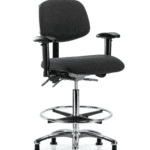 Fabric ESD Chair - High Bench Height with Adjustable Arms, Chrome Foot Ring, & ESD Stationary Glides in ESD Black Fabric