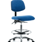 Fabric ESD Chair - High Bench Height with Seat Tilt, Chrome Foot Ring, & ESD Casters in ESD Blue Fabric