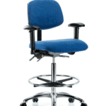 Fabric ESD Chair - High Bench Height with Seat Tilt, Adjustable Arms, Chrome Foot Ring, & ESD Casters in ESD Blue Fabric