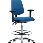 Fabric ESD Chair - High Bench Height with Medium Back, Adjustable Arms, Chrome Foot Ring, & ESD Casters in ESD Blue Fabric