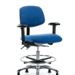 Fabric ESD Chair - Medium Bench Height with Adjustable Arms, Chrome Foot Ring, & ESD Stationary Glides in ESD Blue Fabric