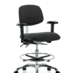 Fabric ESD Chair - Medium Bench Height with Seat Tilt, Adjustable Arms, Chrome Foot Ring, & ESD Casters in ESD Black Fabric