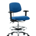 Fabric ESD Chair - Medium Bench Height with Seat Tilt, Adjustable Arms, Chrome Foot Ring, & ESD Casters in ESD Blue Fabric