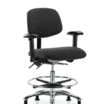 Fabric ESD Chair - Medium Bench Height with Seat Tilt, Adjustable Arms, Chrome Foot Ring, & ESD Stationary Glides in ESD Black Fabric