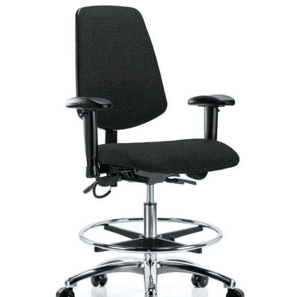 Fabric ESD Chair - Medium Bench Height with Medium Back, Adjustable Arms, Chrome Foot Ring, & ESD Casters in ESD Black Fabric