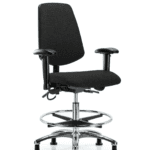 Fabric ESD Chair - Medium Bench Height with Medium Back, Adjustable Arms, Chrome Foot Ring, & ESD Stationary Glides in ESD Black Fabric