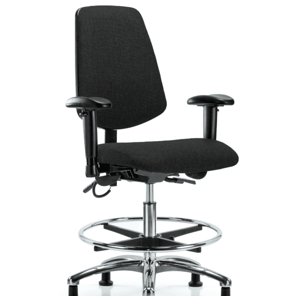 Fabric ESD Chair - Medium Bench Height with Medium Back, Adjustable Arms, Chrome Foot Ring, & ESD Stationary Glides in ESD Black Fabric