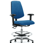 Fabric ESD Chair - Medium Bench Height with Medium Back, Adjustable Arms, Chrome Foot Ring, & ESD Stationary Glides in ESD Blue Fabric